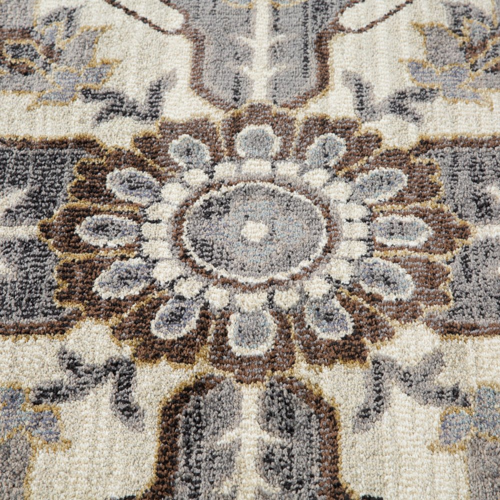 10' Ivory Gray And Brown Floral Medallion Runner Rug