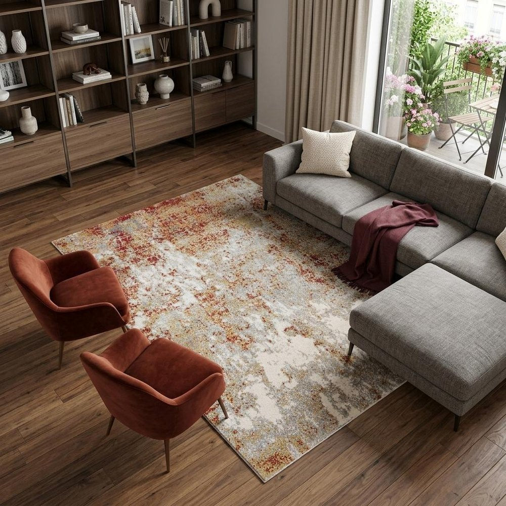 9' X 12' Ivory Red And Gray Abstract Area Rug
