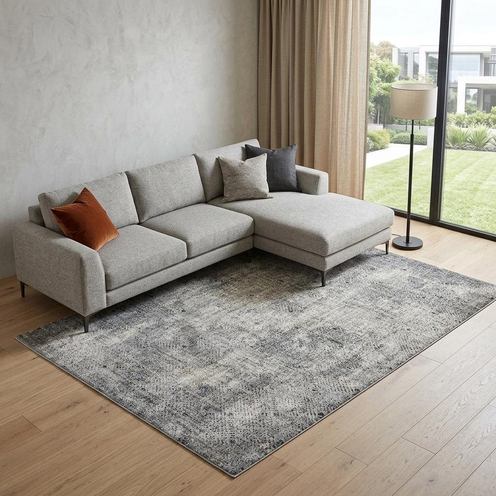 9' X 12' Ivory Black And Gray Abstract Area Rug