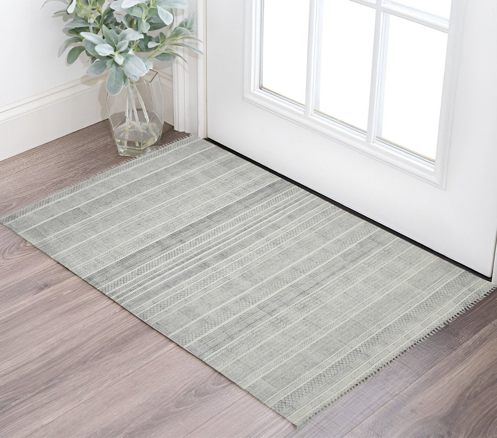 2' X 3' Ivory Black And Gray Geometric Flatweave Handmade Distressed Area Rug With Fringe