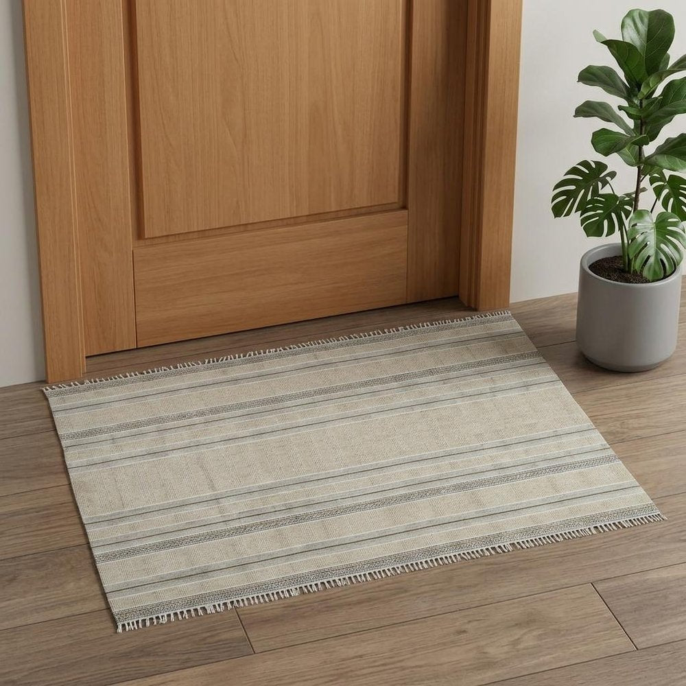 2' X 3' Gray And Brown Striped Flatweave Handmade Distressed Area Rug With Fringe