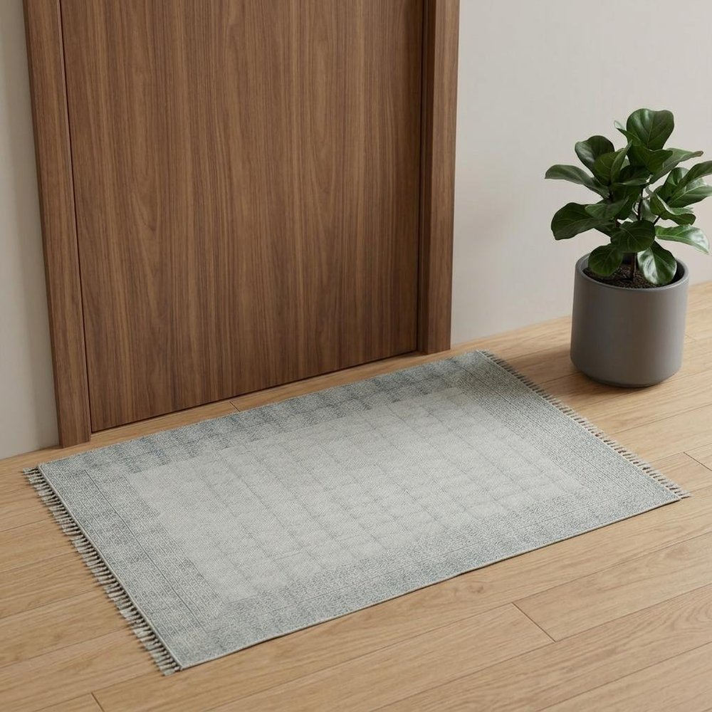 2' X 3' Gray And Blue Geometric Flatweave Handmade Distressed Area Rug With Fringe
