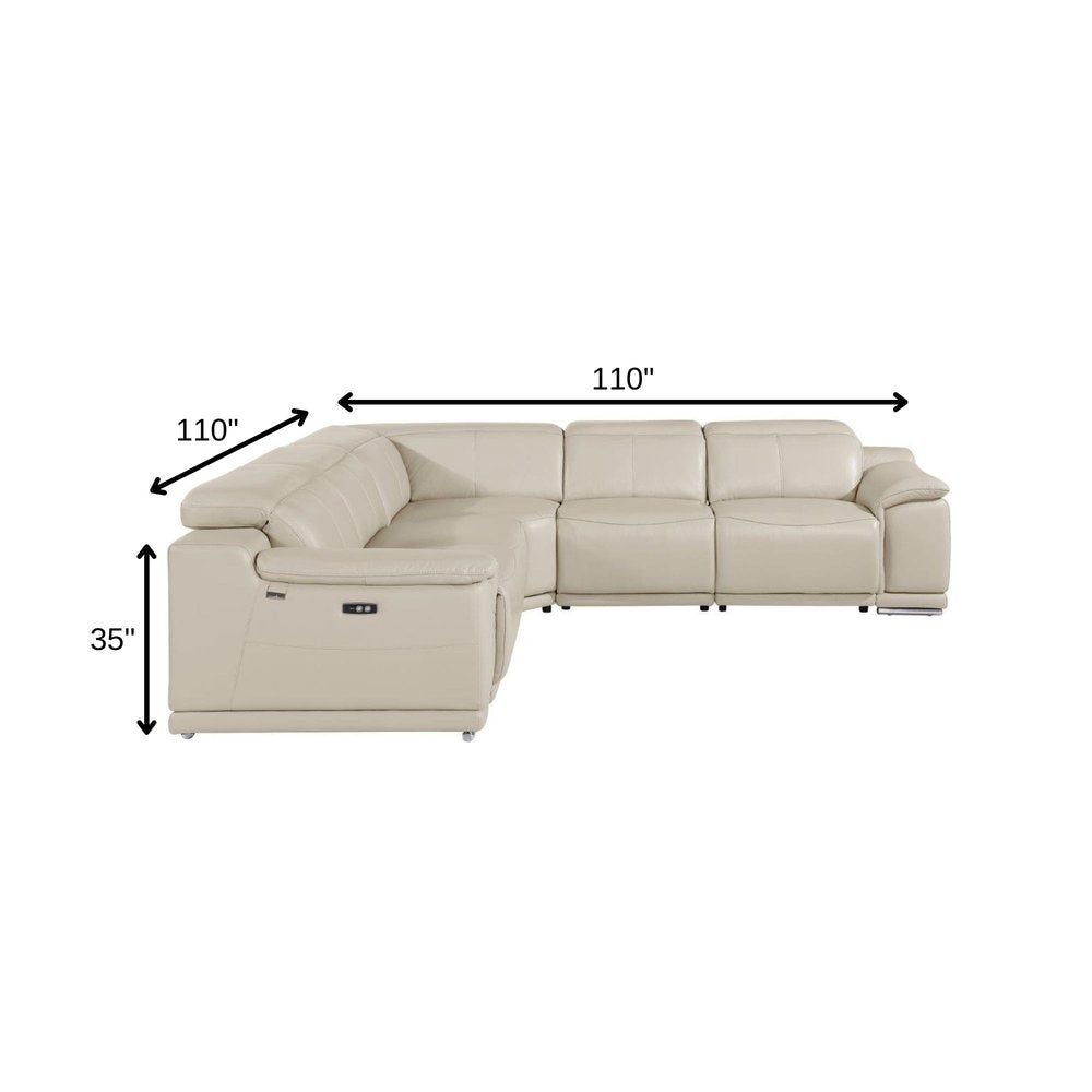 Beige Italian Leather Power Reclining U Shaped Five Piece Corner Sectional With Console