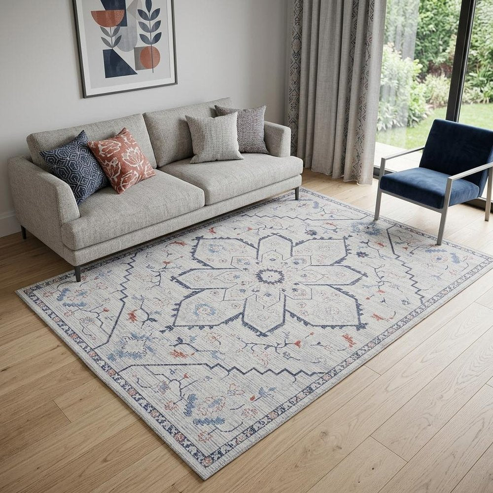 5' X 7' Ivory and Blue Oriental Power Loom Washable Area Rug