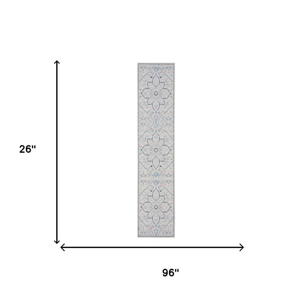 8' Ivory and Blue Oriental Power Loom Washable Runner Rug