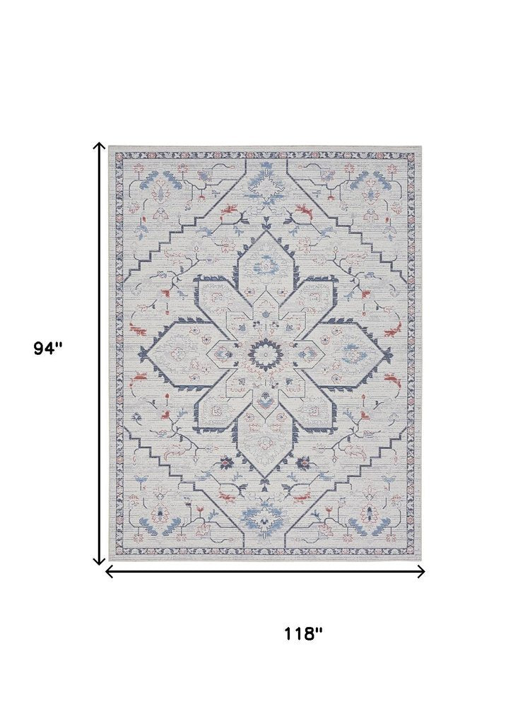 8' X 10' Ivory and Blue Oriental Power Loom Washable Area Rug