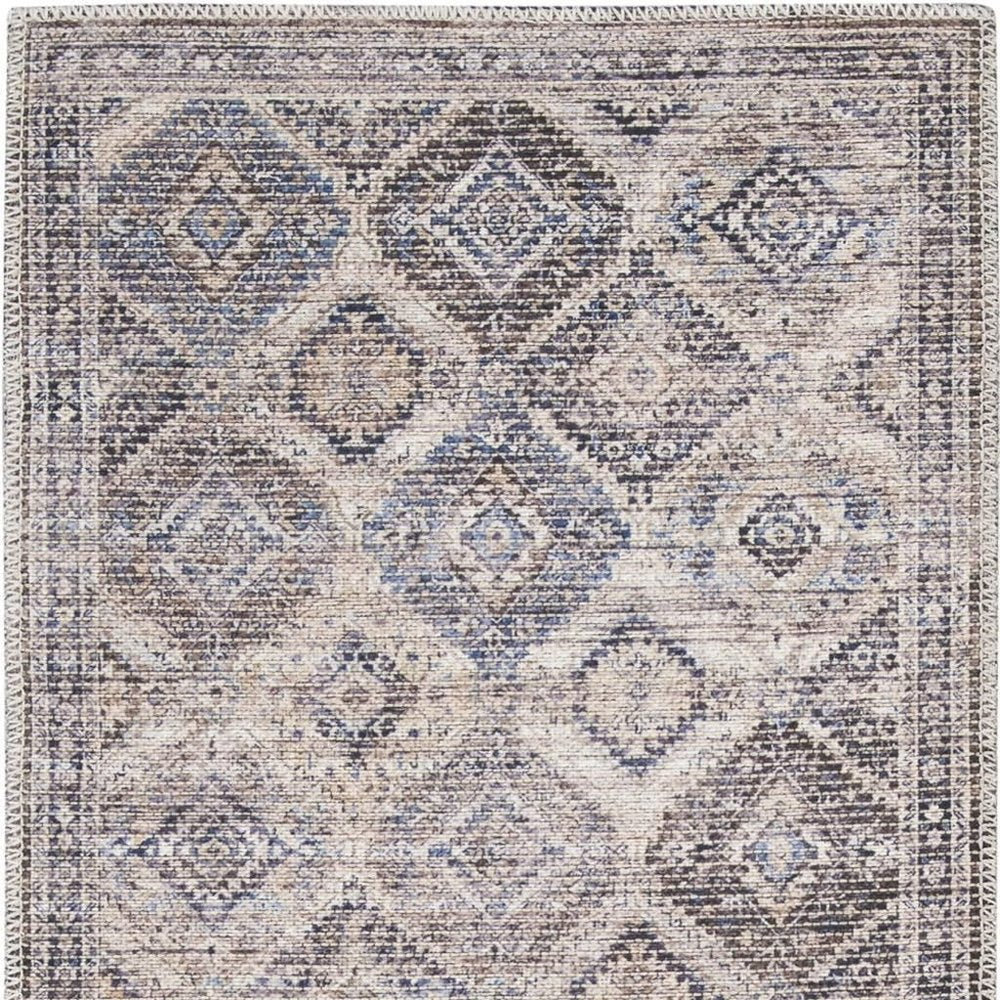 10' Ivory and Tan Floral Power Loom Distressed Washable Runner Rug