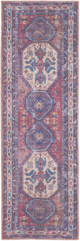 10' Blue and Red Floral Power Loom Distressed Washable Runner Rug