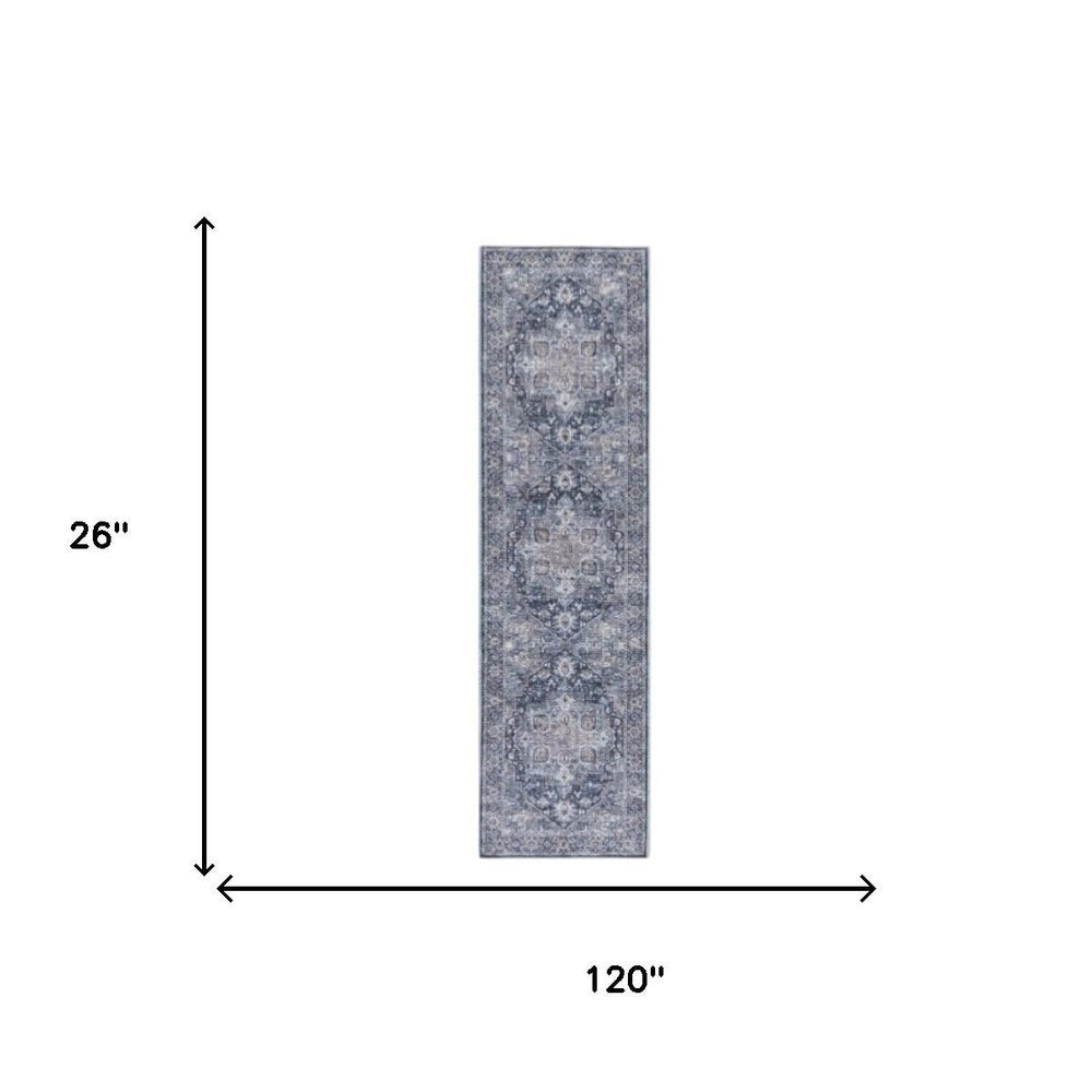 10' Blue and Ivory Floral Power Loom Distressed Washable Runner Rug
