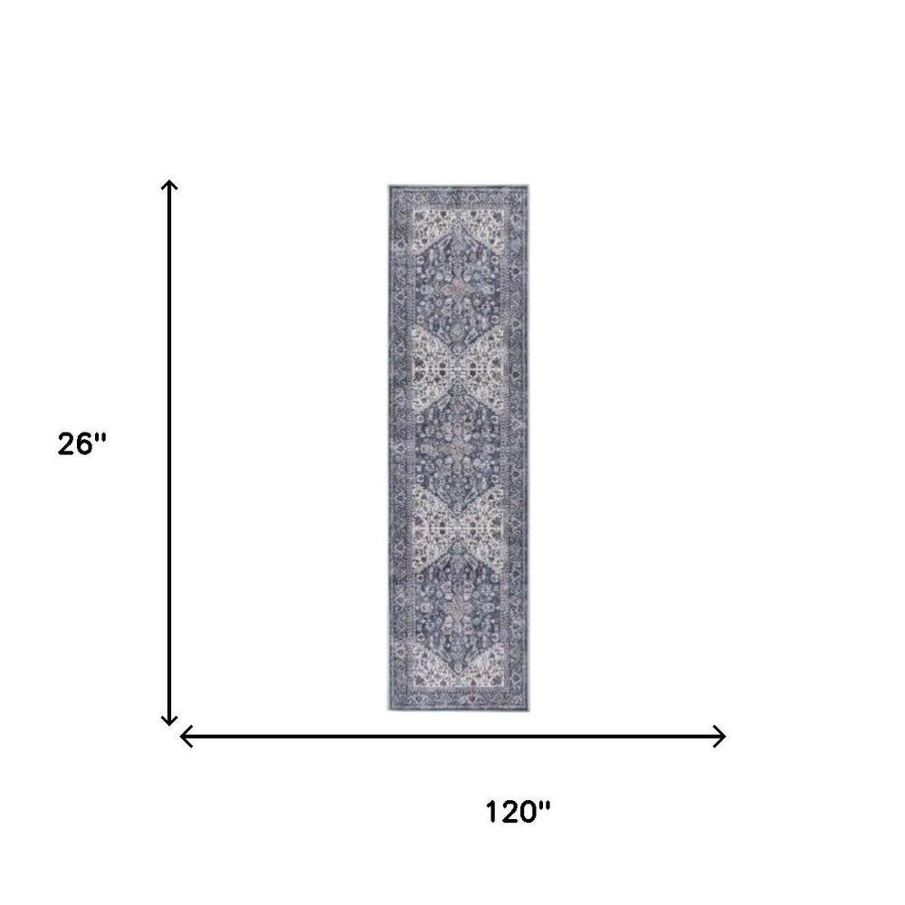10' Blue and Ivory Floral Power Loom Distressed Washable Runner Rug