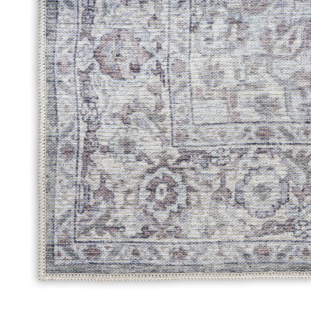 10' Gray and Ivory Floral Power Loom Distressed Washable Runner Rug