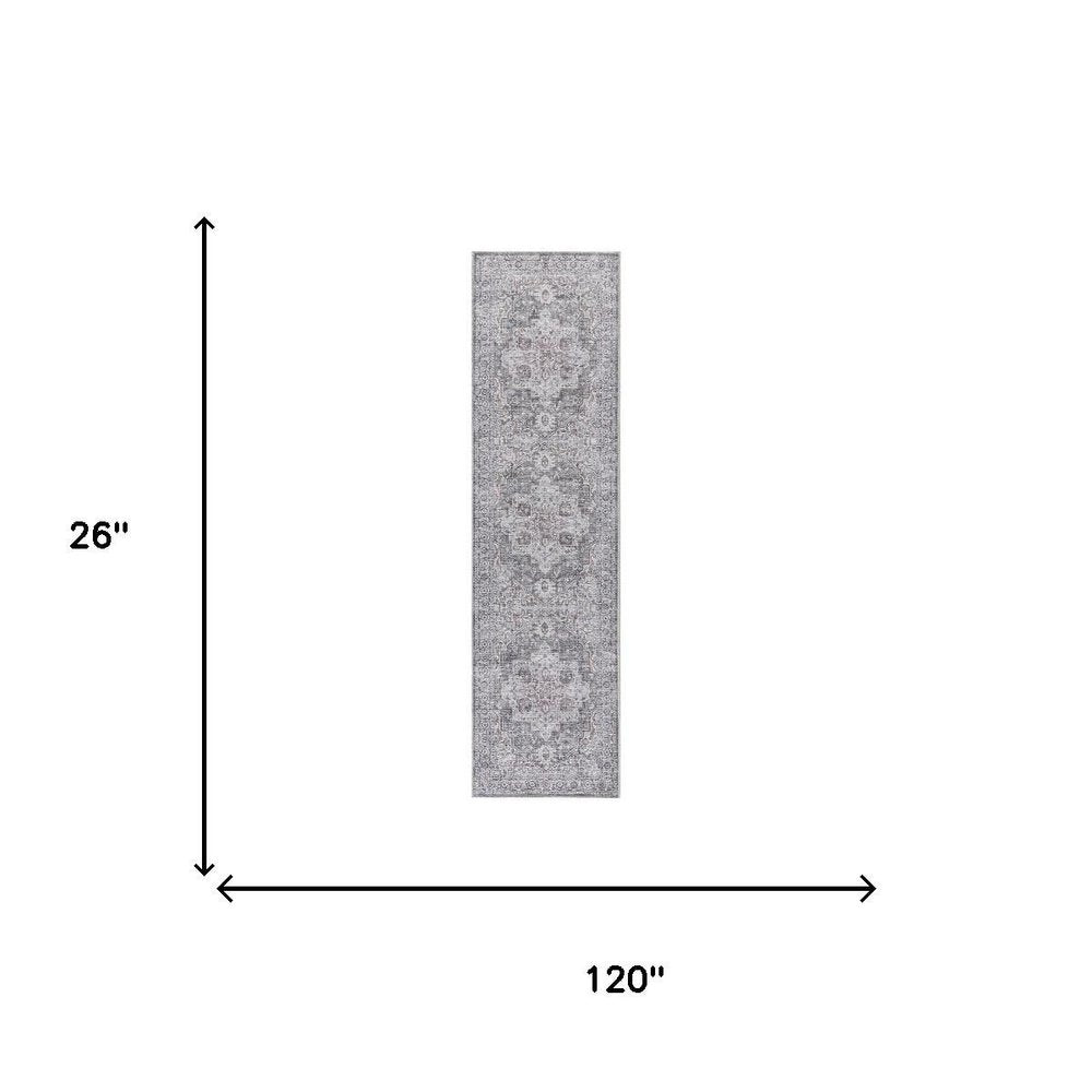 10' Gray and Ivory Floral Power Loom Distressed Washable Runner Rug