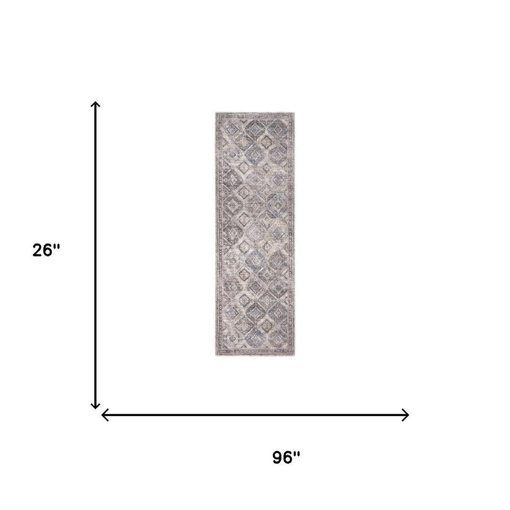8' Ivory and Tan Floral Power Loom Distressed Washable Runner Rug