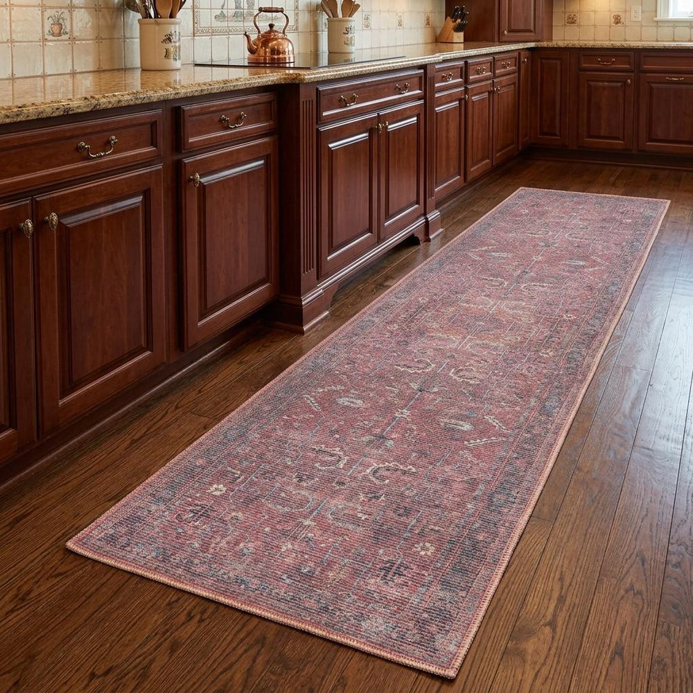 8' Blue and Red Floral Power Loom Distressed Washable Runner Rug