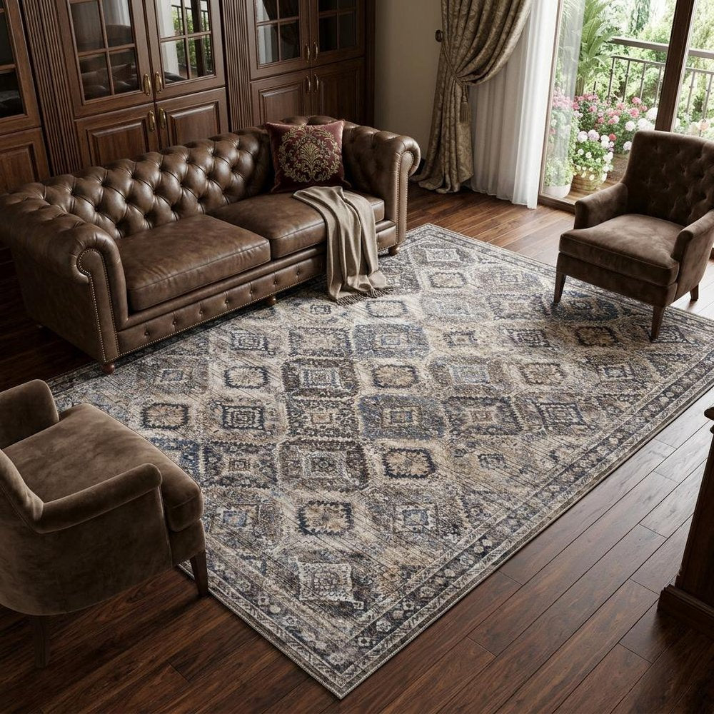 9' X 12' Ivory and Tan Floral Power Loom Distressed Washable Area Rug