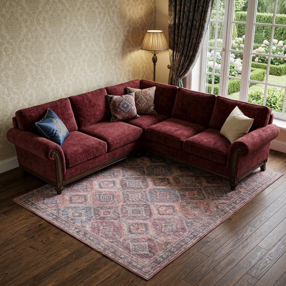 9' X 12' Blue and Red Floral Power Loom Distressed Washable Area Rug