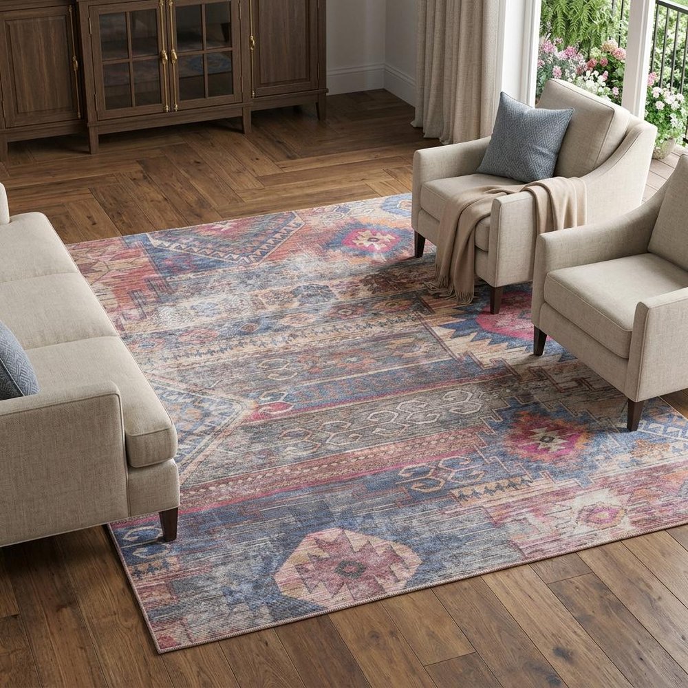 8' X 10' Blue and Red Geometric Power Loom Distressed Washable Area Rug