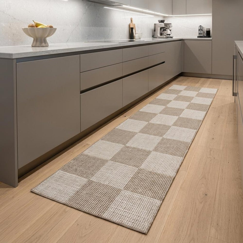8' Natural and Ivory Geometric Power Loom Washable Non Skid Runner Rug