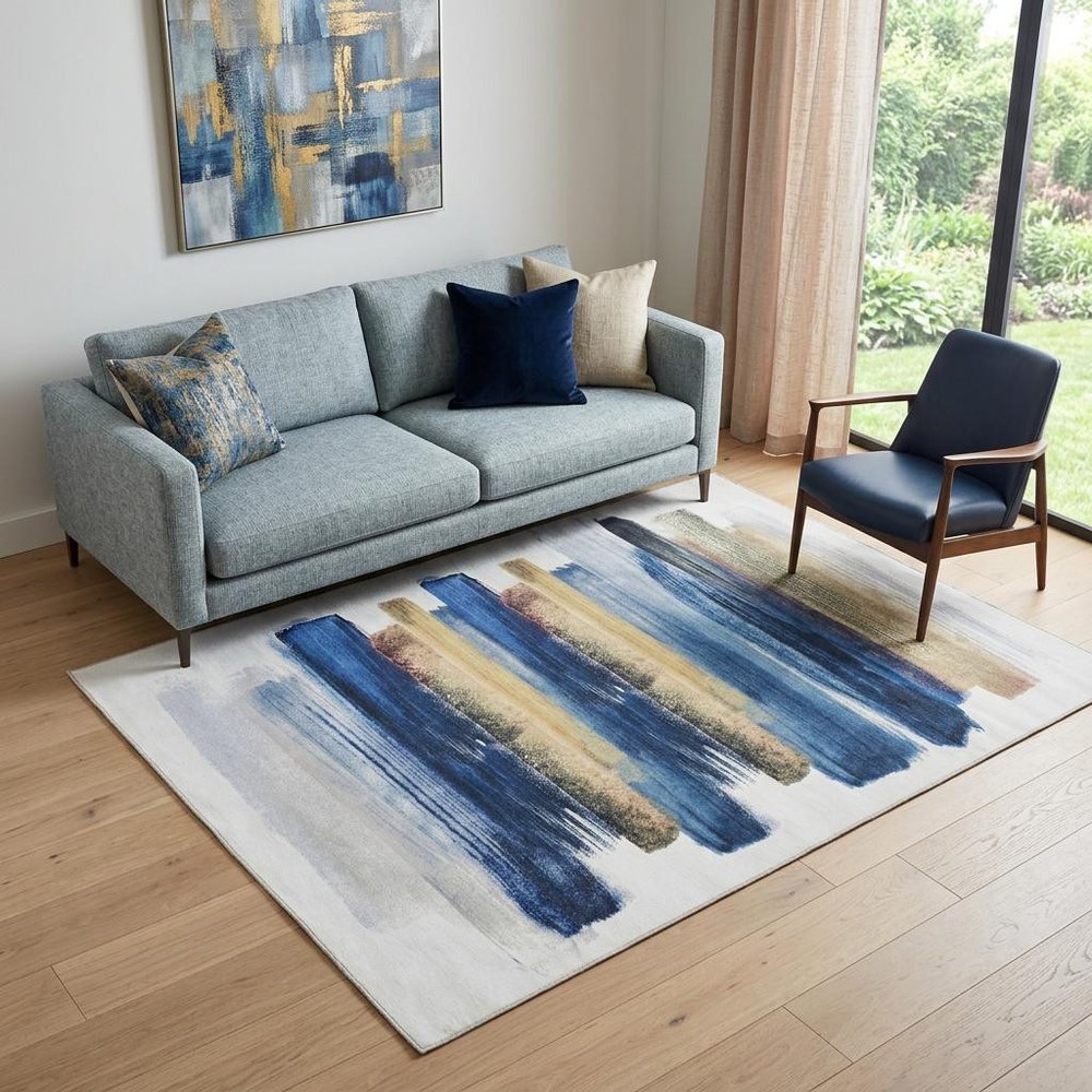 5' X 7' Ivory and Blue Abstract Power Loom Washable Non Skid Area Rug