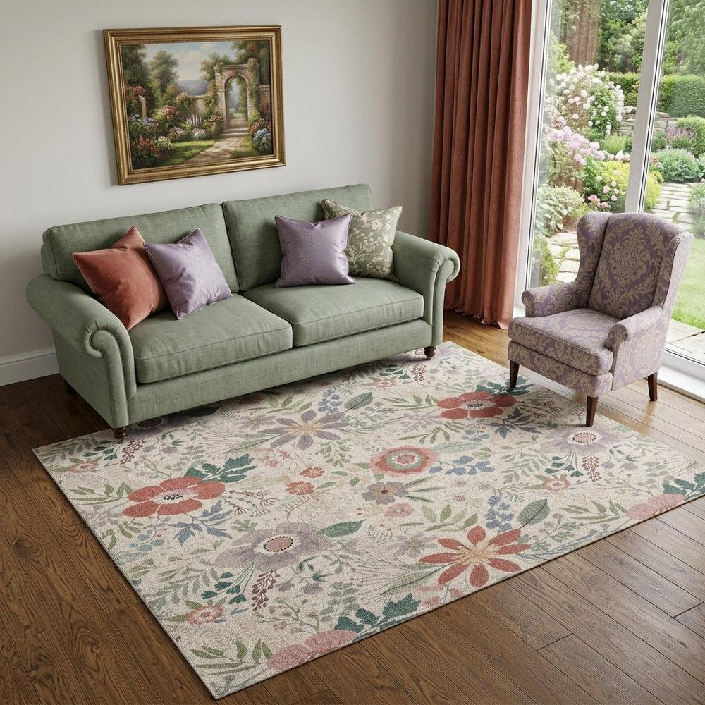 5' X 7' Ivory Green and Red Floral Power Loom Washable Non Skid Area Rug