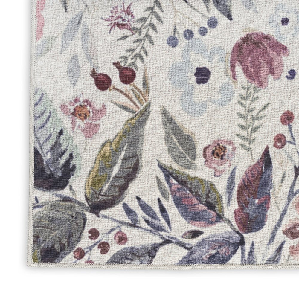 6' X 9' Ivory Pink and Green Floral Power Loom Washable Non Skid Area Rug