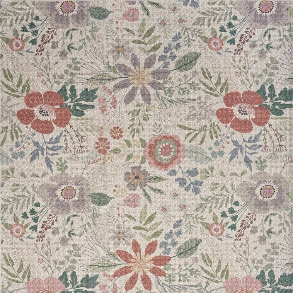 6' X 9' Ivory Green and Red Floral Power Loom Washable Non Skid Area Rug