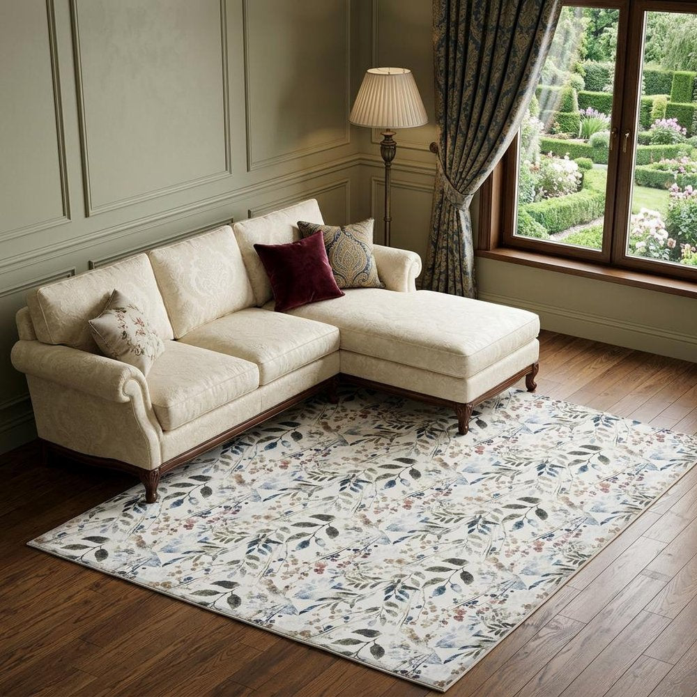 8' X 10' Ivory Green and Red Floral Power Loom Washable Non Skid Area Rug