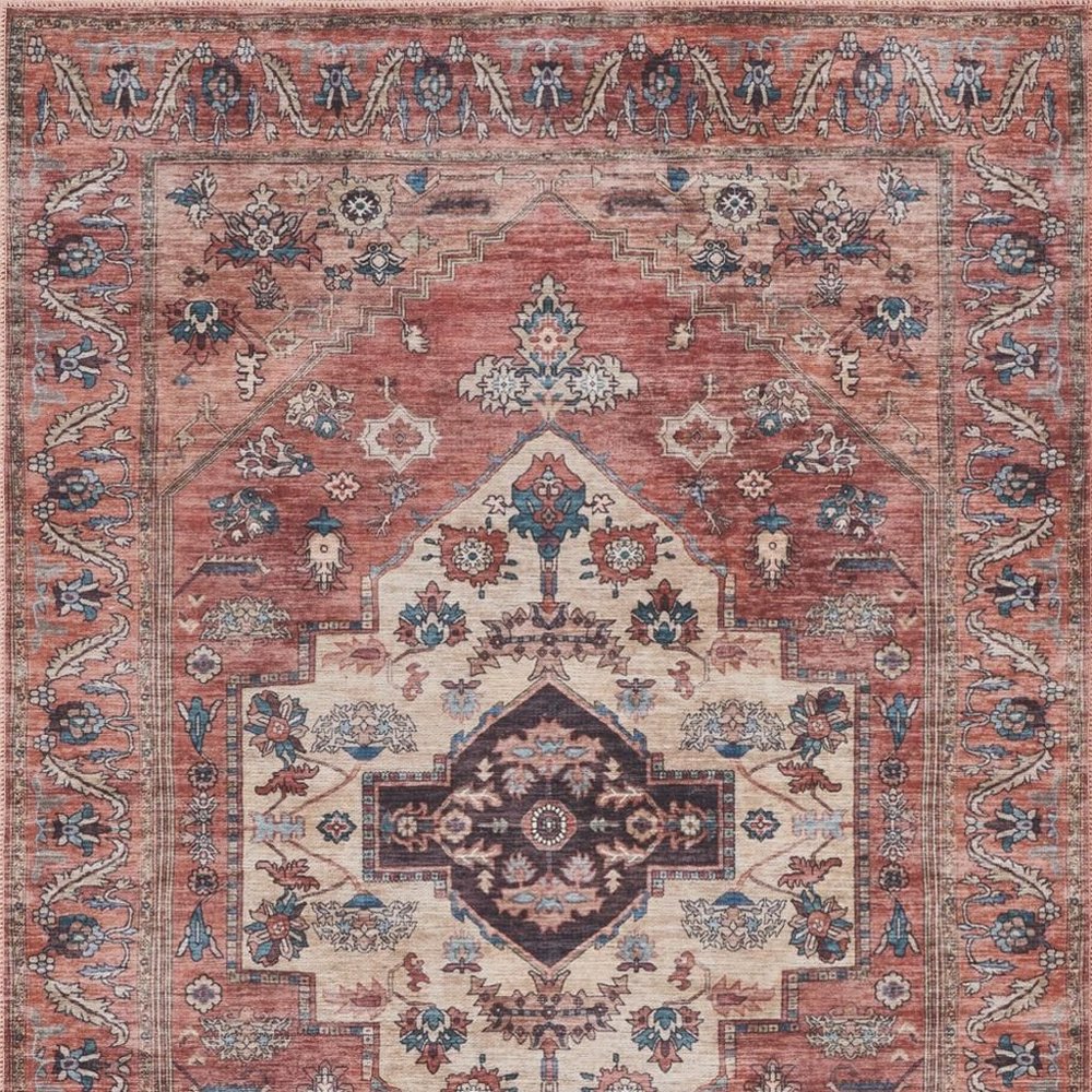 4' X 6' Blue and Red Oriental Power Loom Distressed Washable Non Skid Area Rug