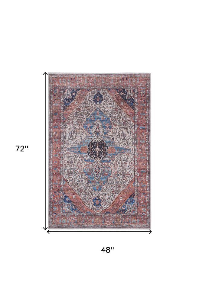 4' X 6' Red and Ivory Oriental Power Loom Distressed Washable Non Skid Area Rug