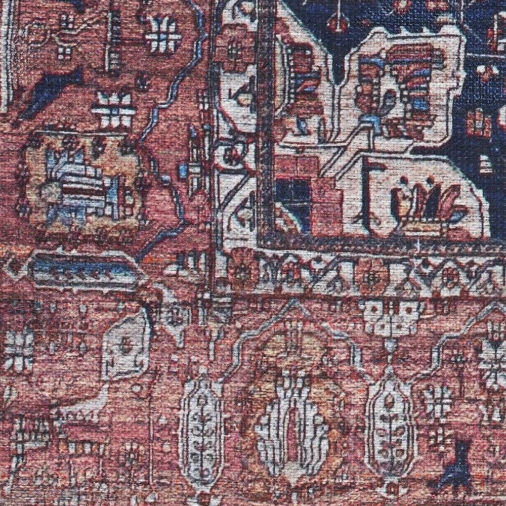 4' X 6' Red and Ivory Oriental Power Loom Distressed Washable Non Skid Area Rug