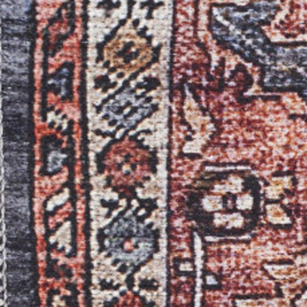 5' X 7' Blue and Red Oriental Power Loom Distressed Washable Non Skid Area Rug
