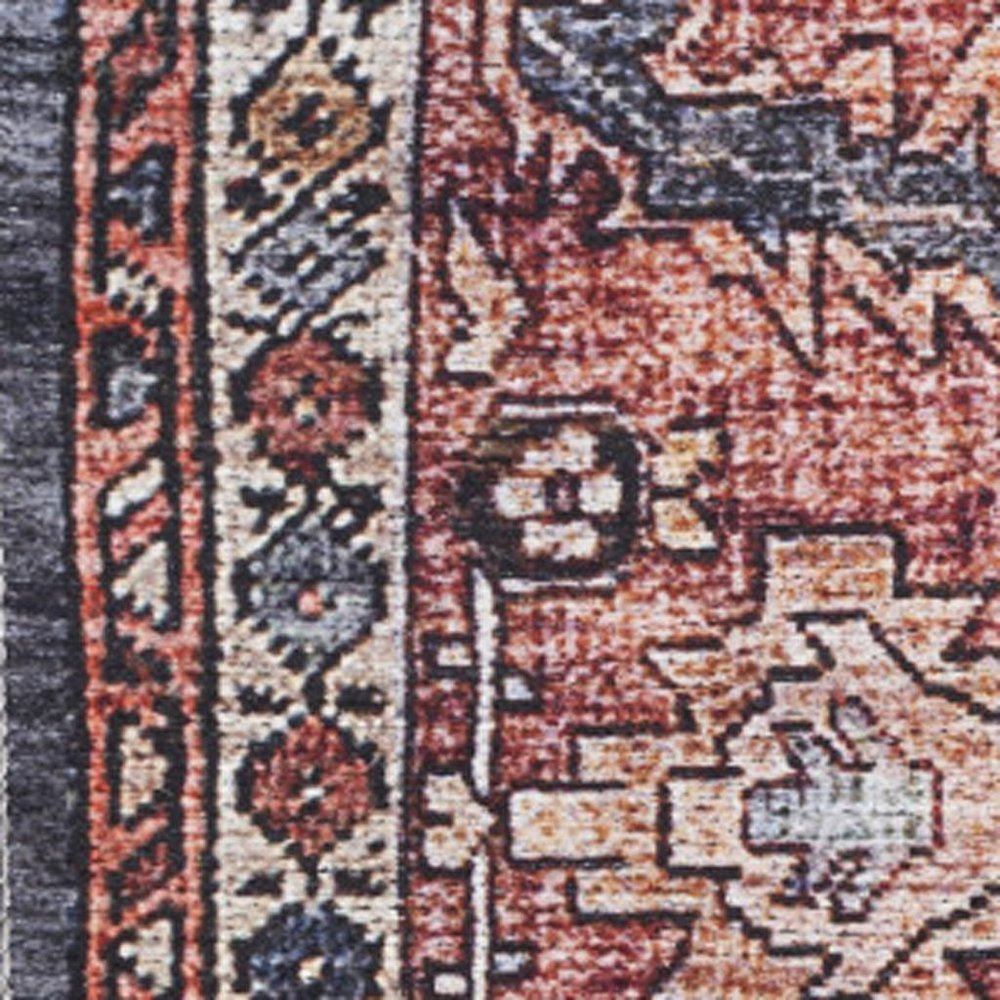 5' X 7' Blue and Red Oriental Power Loom Distressed Washable Non Skid Area Rug