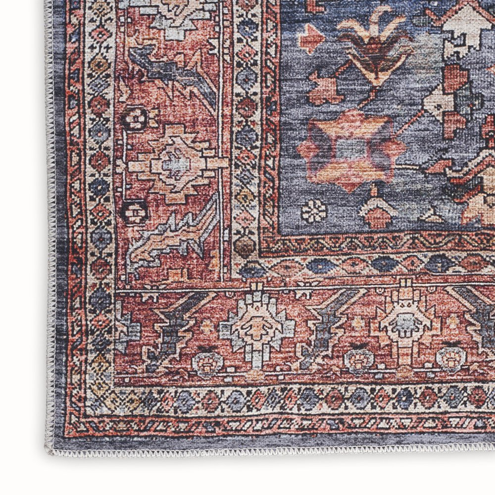 5' X 7' Blue and Red Oriental Power Loom Distressed Washable Non Skid Area Rug
