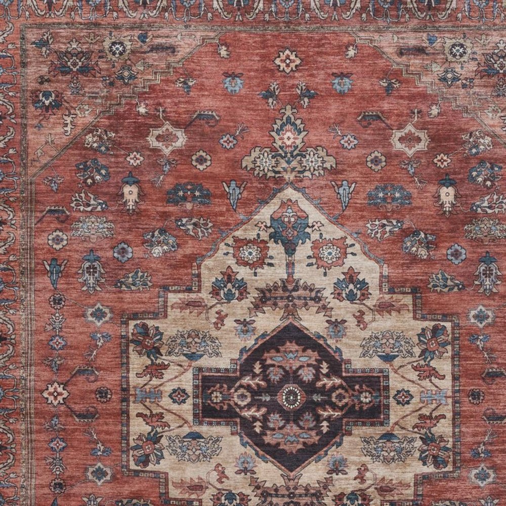 8' X 10' Blue and Red Oriental Power Loom Distressed Washable Non Skid Area Rug