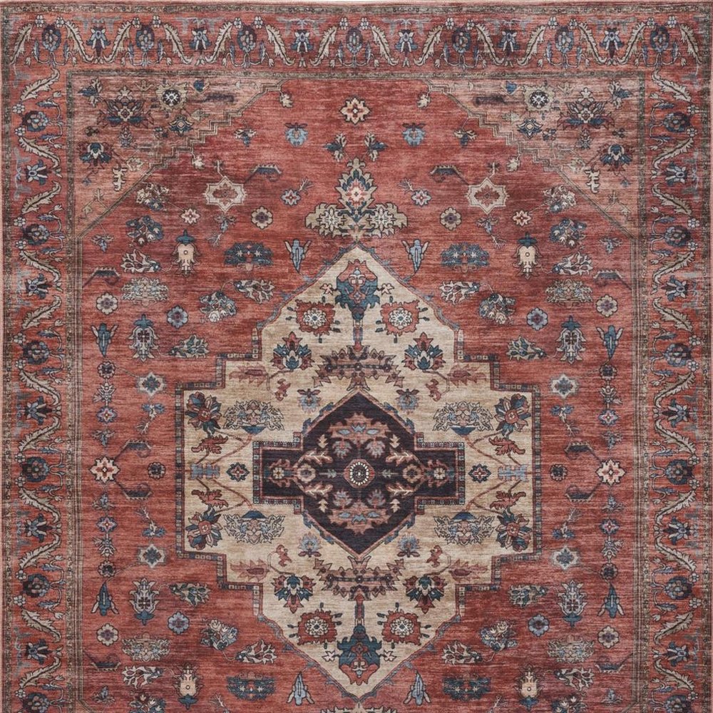 8' X 10' Blue and Red Oriental Power Loom Distressed Washable Non Skid Area Rug
