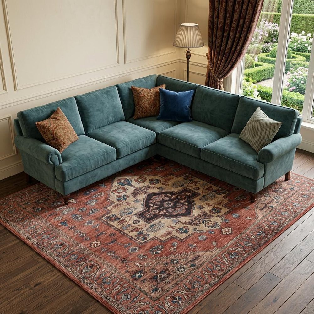 8' X 10' Blue and Red Oriental Power Loom Distressed Washable Non Skid Area Rug