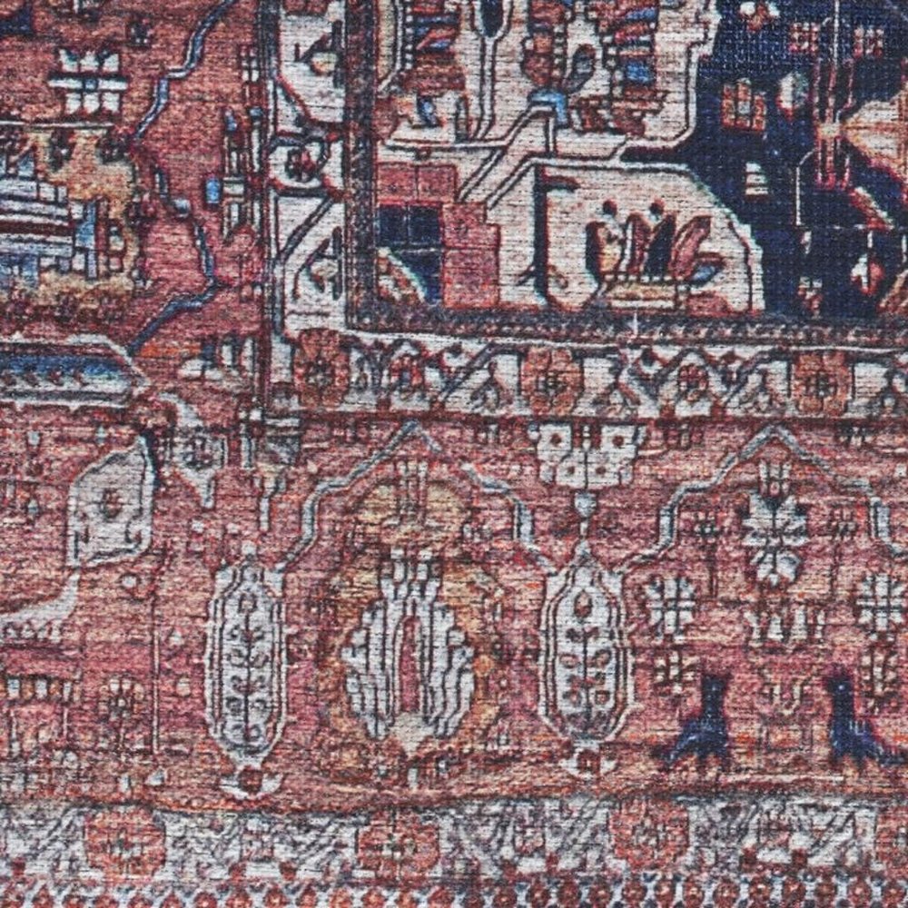 8' X 10' Red and Ivory Oriental Power Loom Distressed Washable Non Skid Area Rug