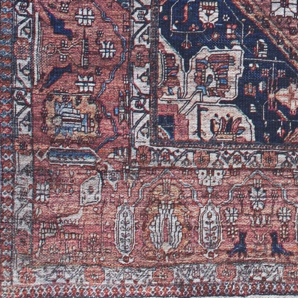 8' X 10' Red and Ivory Oriental Power Loom Distressed Washable Non Skid Area Rug