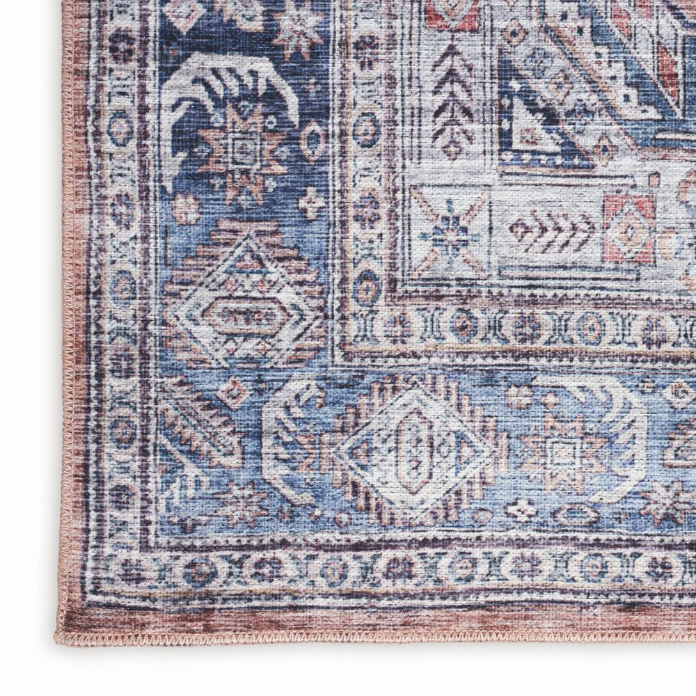 8' X 10' Blue and Red Oriental Power Loom Distressed Washable Non Skid Area Rug