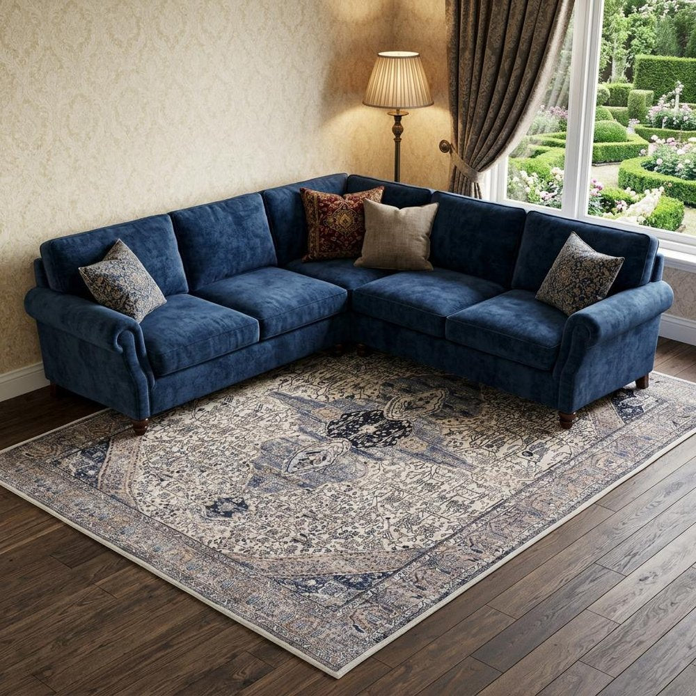 8' X 10' Ivory and Blue Oriental Power Loom Distressed Washable Non Skid Area Rug