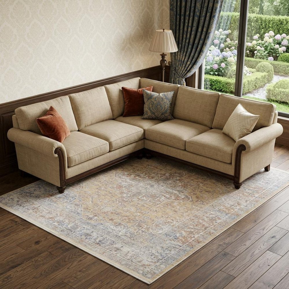 8' X 10' Gray and Gold Oriental Power Loom Distressed Area Rug With Fringe