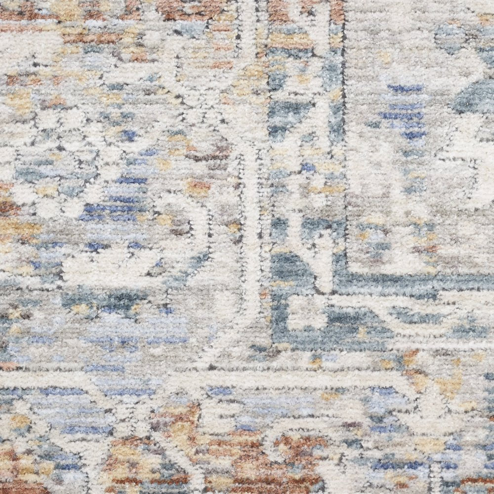 8' X 10' Ivory Blue and Orange Oriental Power Loom Distressed Area Rug With Fringe