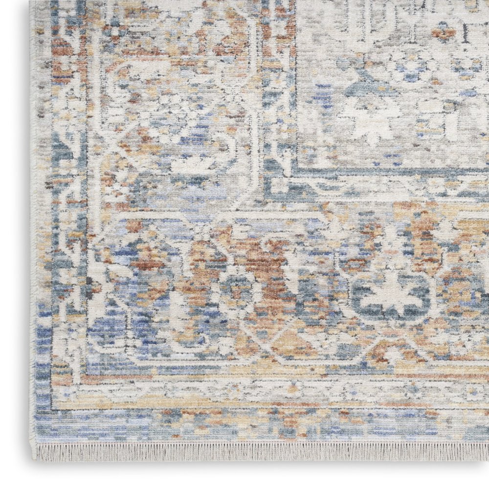 8' X 10' Ivory Blue and Orange Oriental Power Loom Distressed Area Rug With Fringe