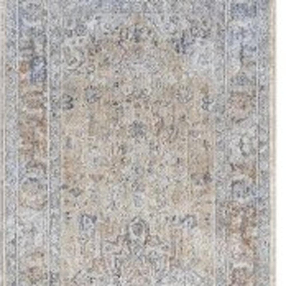 8' Gray and Gold Oriental Power Loom Distressed Runner Rug With Fringe