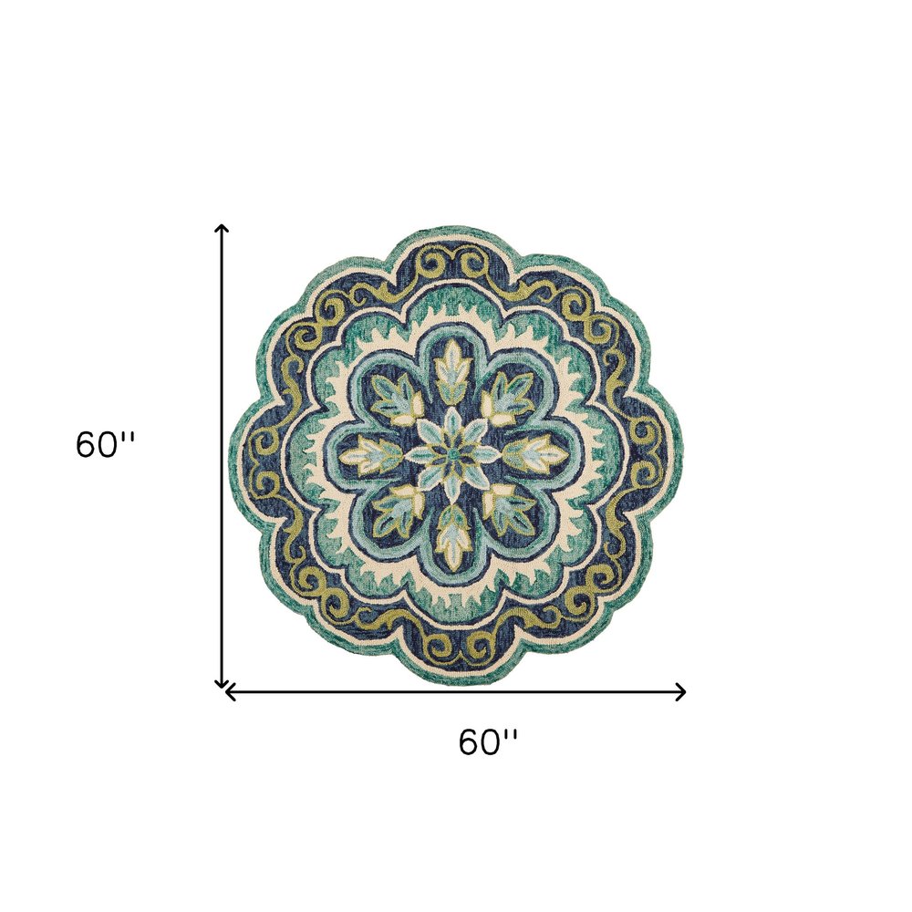5' X 5' Green Round Wool Floral Hand Tufted Area Rug