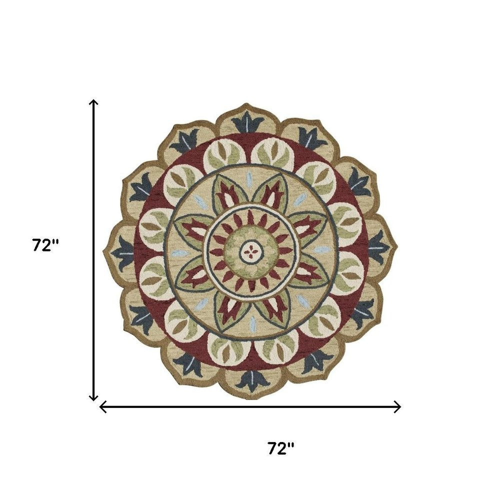 6' X 6' Red Round Wool Floral Hand Tufted Area Rug