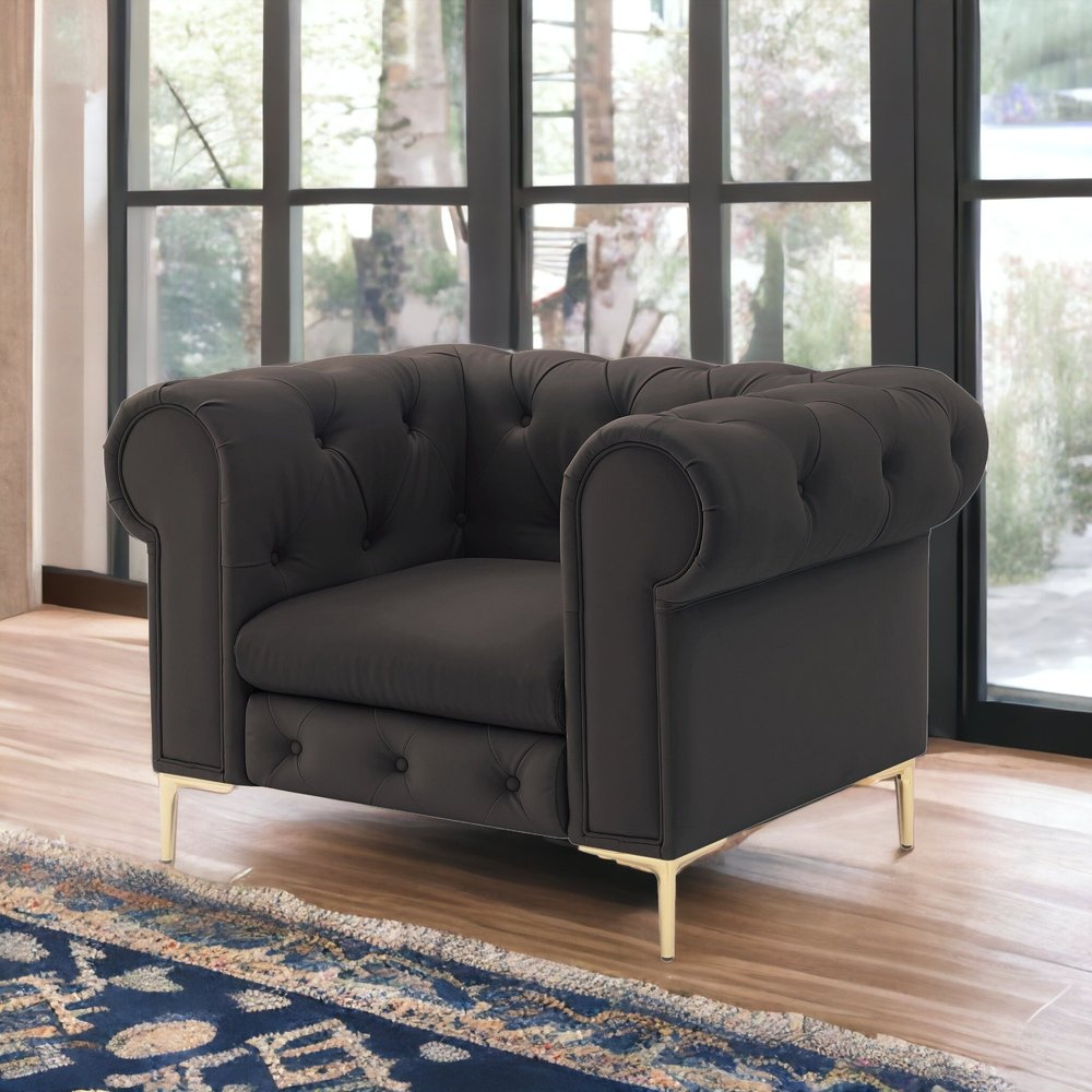 34" Black And Gold Faux Leather Tufted Chesterfield Chair