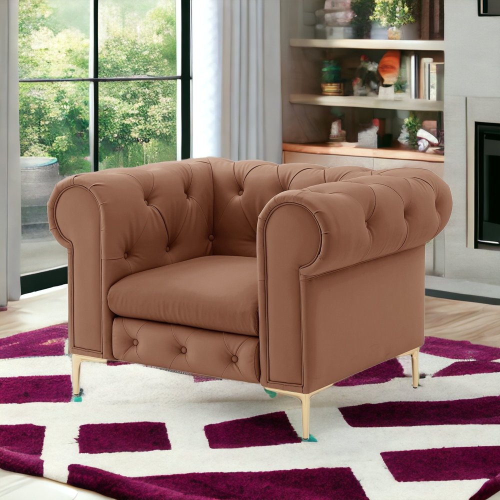 34" Black And Gold Faux Leather Tufted Chesterfield Chair