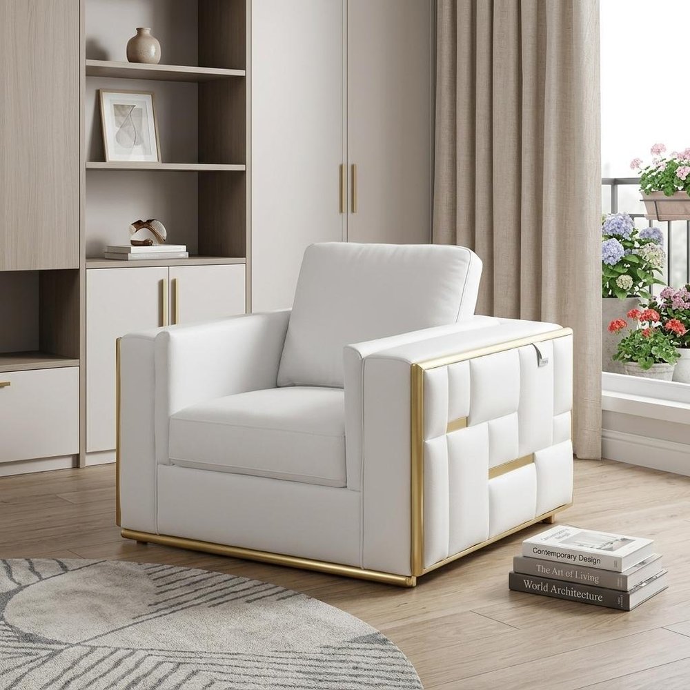 47" White And Gold Top Grain Leather Club Chair