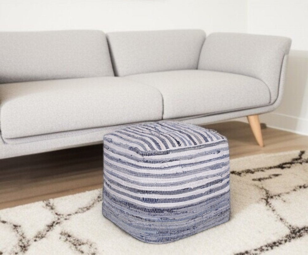 18" Blue and White Cotton Striped Cube Pouf Ottoman
